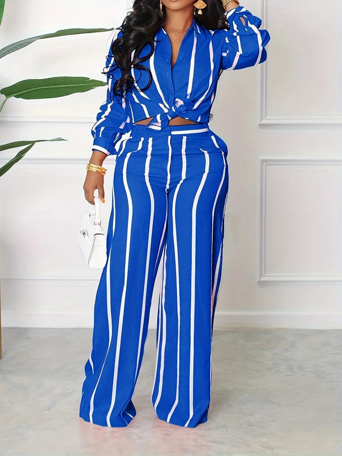 [Two-piece Set Long Sleeve Shirt] Striped Print Two-piece Set, Button Front Collar Long Sleeve Shirt & High Waist Wide Leg Loose Pants Set, Women's Clothing Lady T Fashions