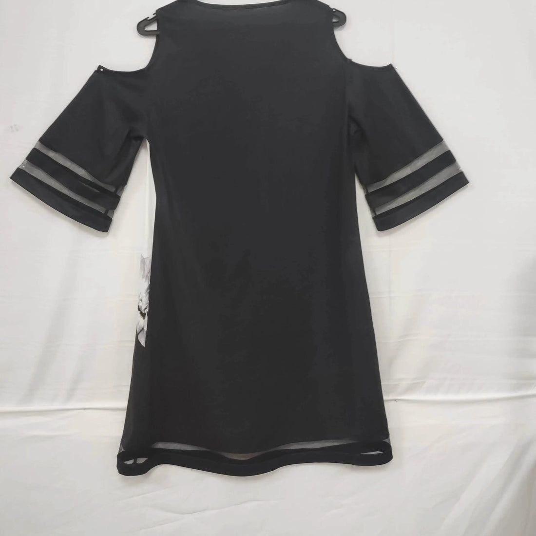 Ladies' Abstract Printed Color Blocked Off Shoulder Contrasting Mesh Casual Dress Lady T Fashions