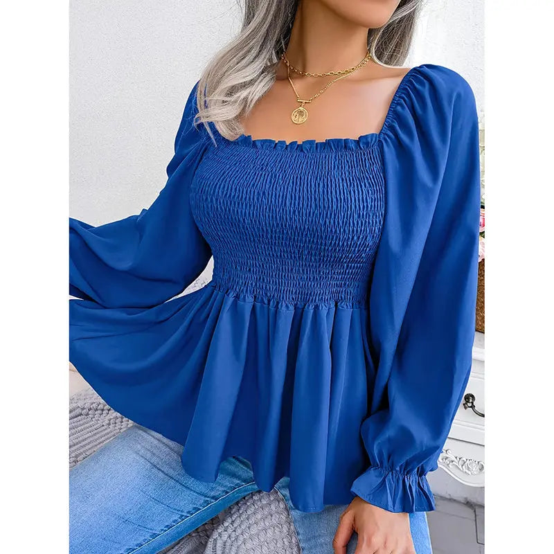 Women's Peplum Tops Square Neck Ruffle Trim Long Sleeve Blouse Smocked Top Dressy Casual Shirts Lady T Fashions
