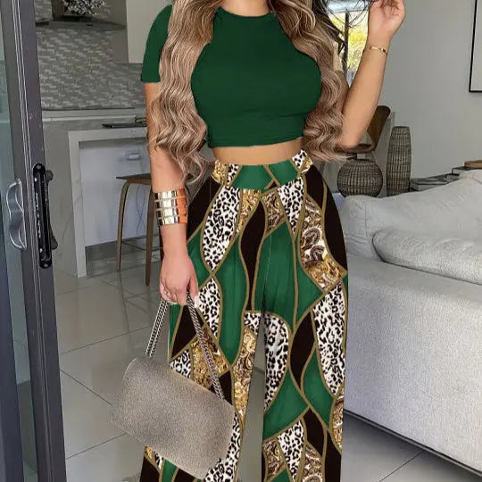 Ladies' Summer Round Neck Petal Sleeve Vest And Pants Two-piece Set Leopard Print Shirt Set Lady T Fashions