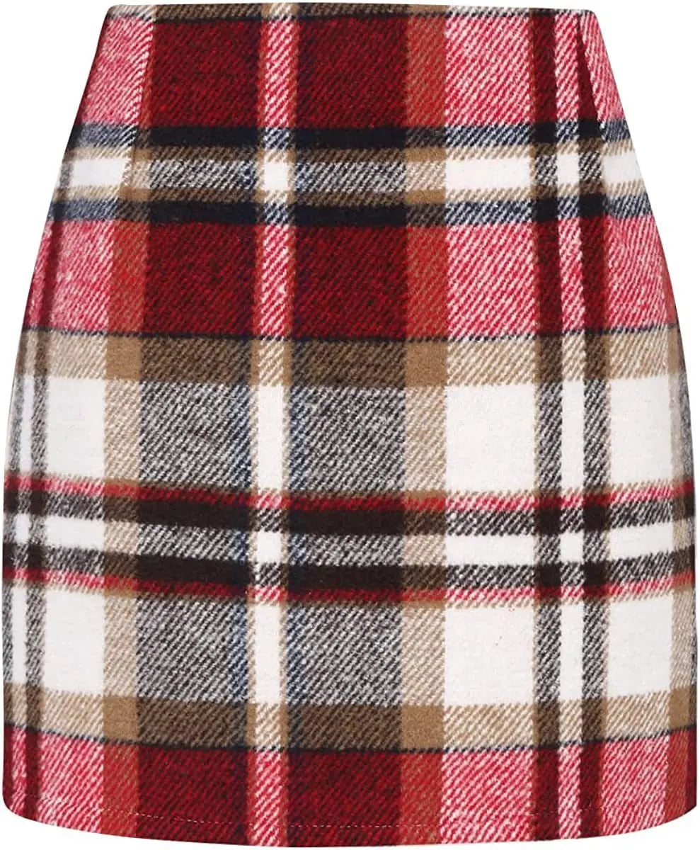 Women's High Waist Plaid Tight Pencil Wool Mini Skirt Lady T Fashions