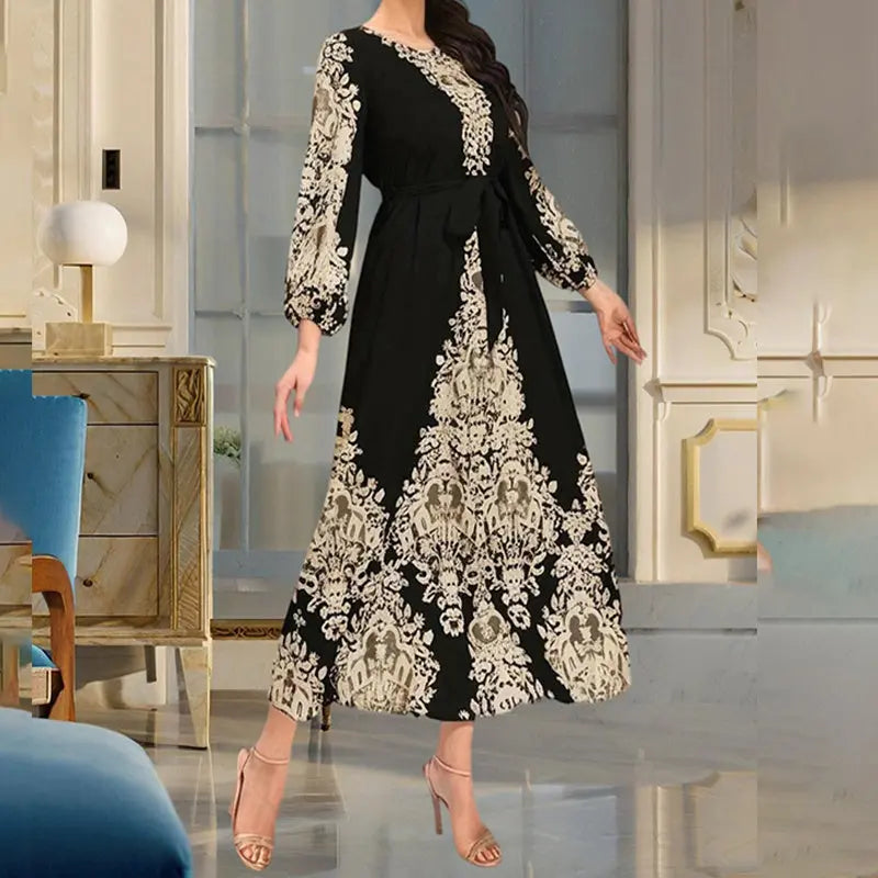 Women's Bohemian Floral Print Dress Ethnic Middle Eastern Style Long Sleeve Tiered Maxi Dress With Drawstring Waist Lady T Fashions