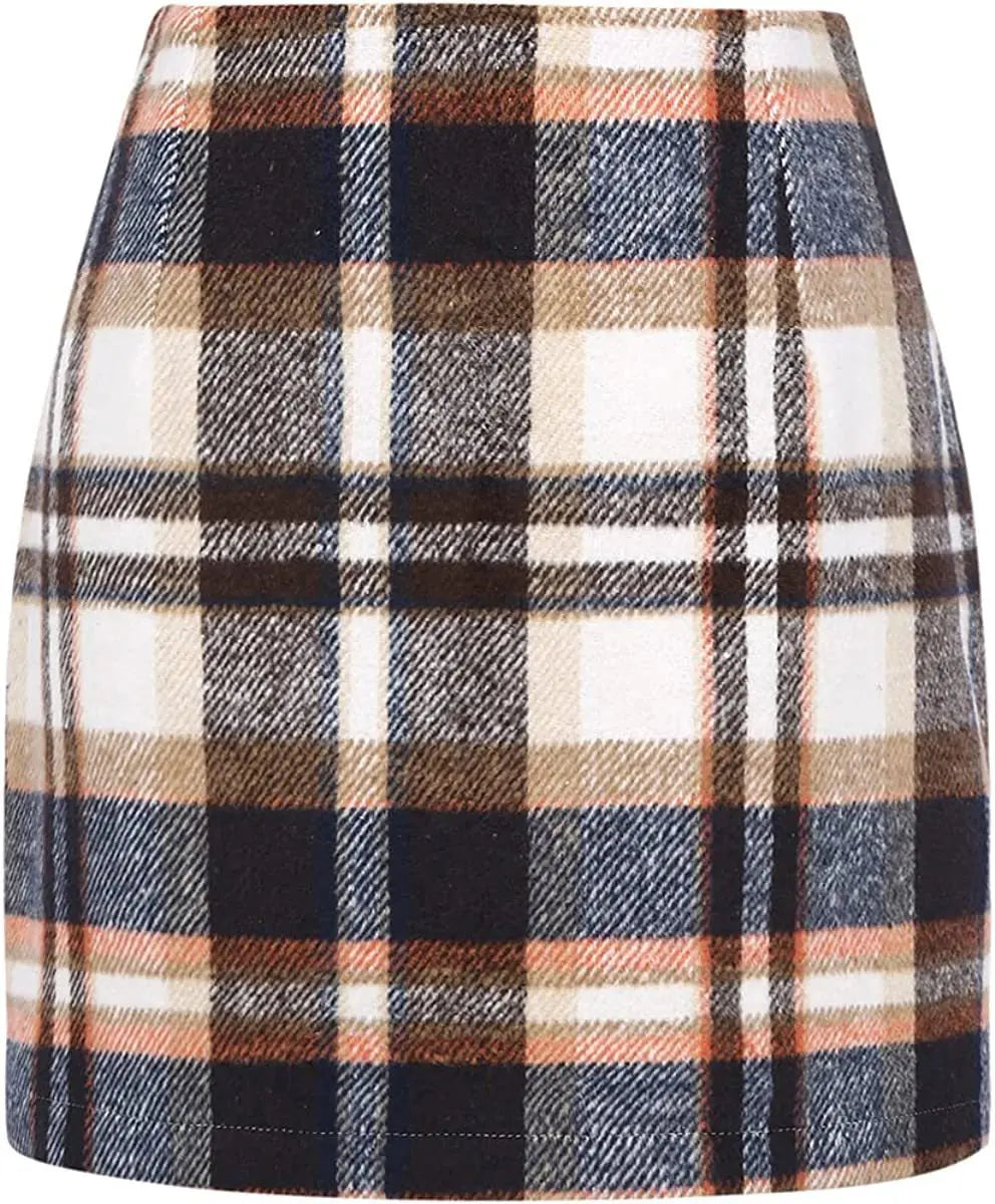 Women's High Waist Plaid Tight Pencil Wool Mini Skirt Lady T Fashions