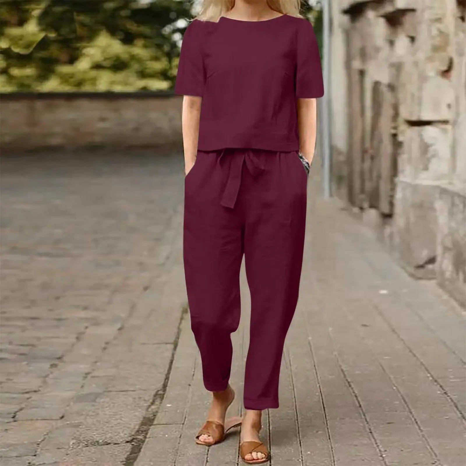 Women's Cotton And Linen Wide-leg Pants Suit Lady T Fashions