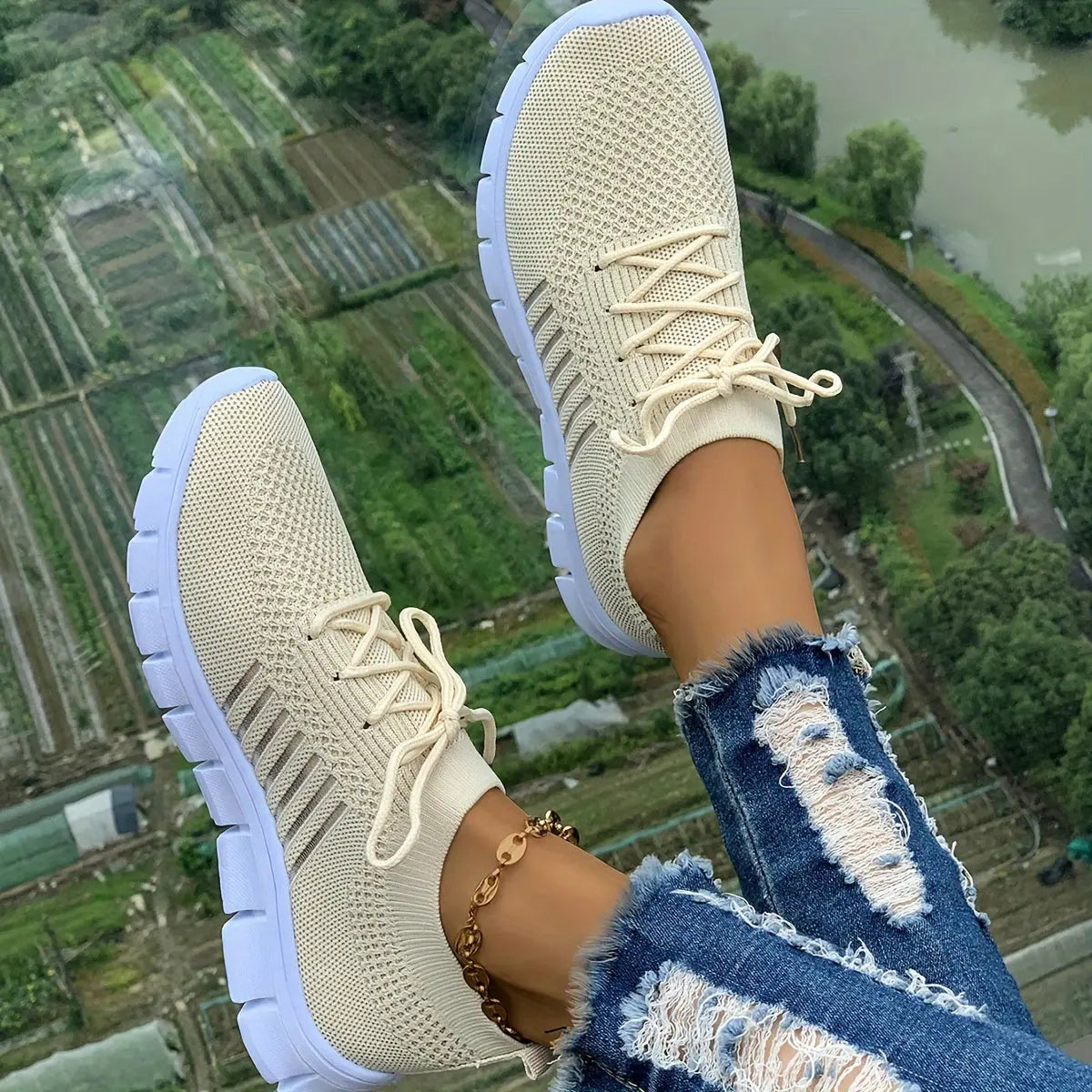 Women's Mesh Breathable Running Shoes, Solid Color Lace Up Front Summer Walking Shoes, Flying Woven Casual Sneakers Lady T Fashions