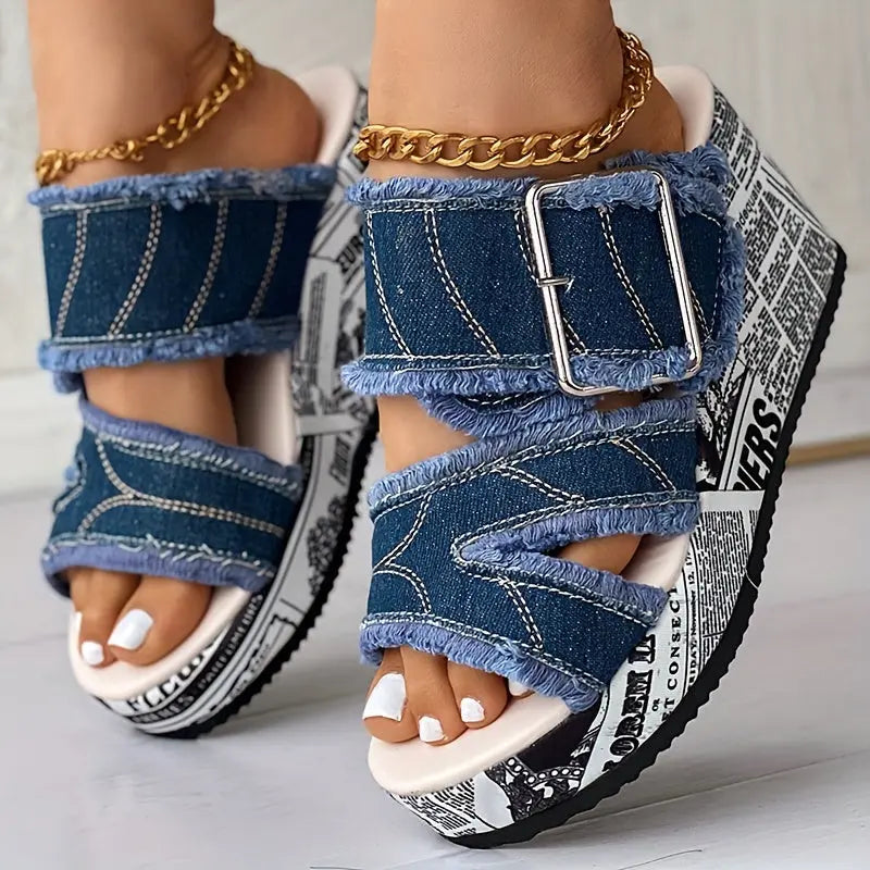 Women's Letter Print & Denim Canvas Sandals, Slip-on Buckle Wedge Heel Shoes, Fashion & Summer Women's Shoes Lady T Fashions