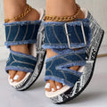 Women's Letter Print & Denim Canvas Sandals, Slip-on Buckle Wedge Heel Shoes, Fashion & Summer Women's Shoes Lady T Fashions