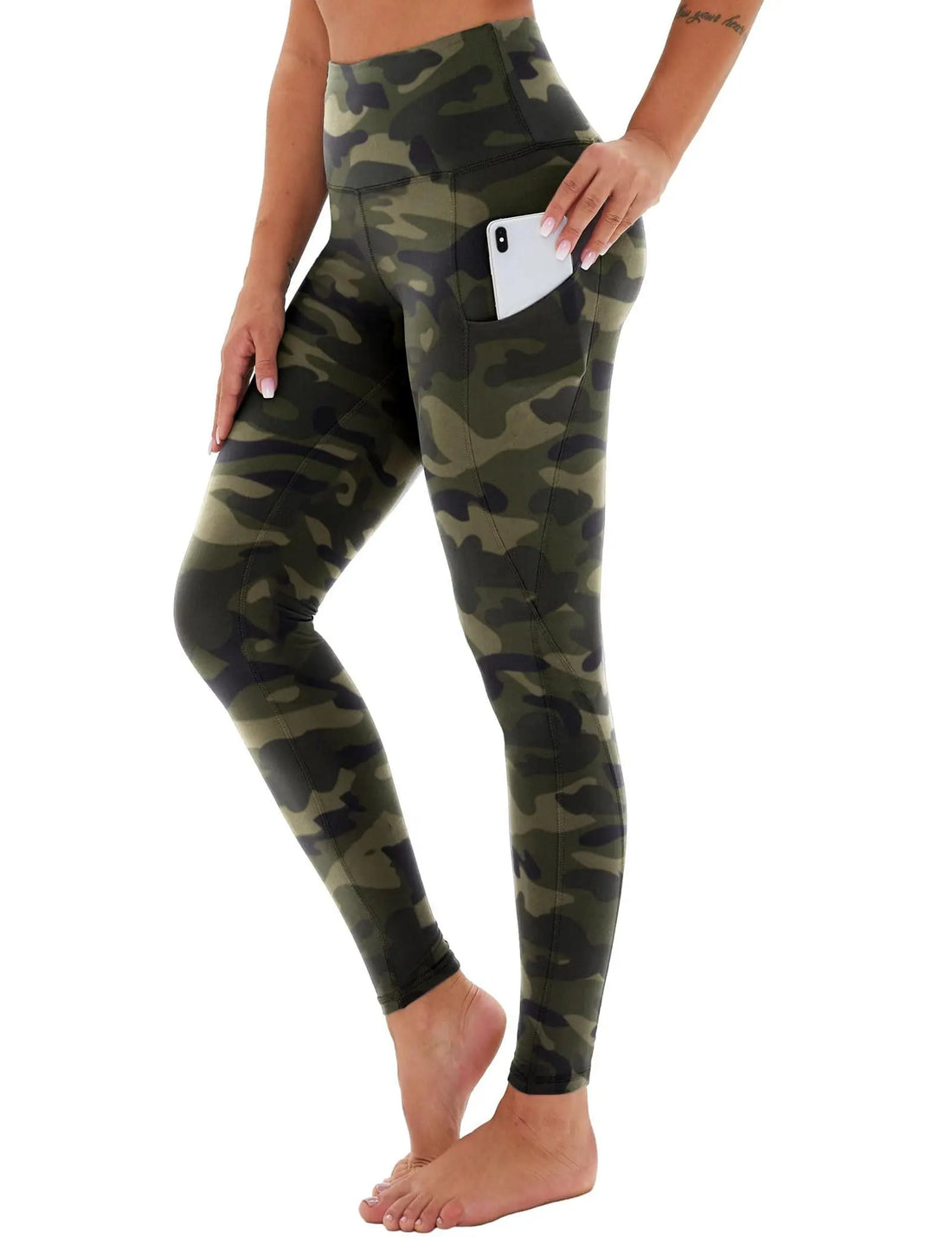 Yoga Pants - Cropped High-waisted Slanted Pockets Polyester Double Grinding Army Green Camouflage Lady T Fashions