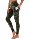 Yoga Pants - Cropped High-waisted Slanted Pockets Polyester Double Grinding Army Green Camouflage Lady T Fashions