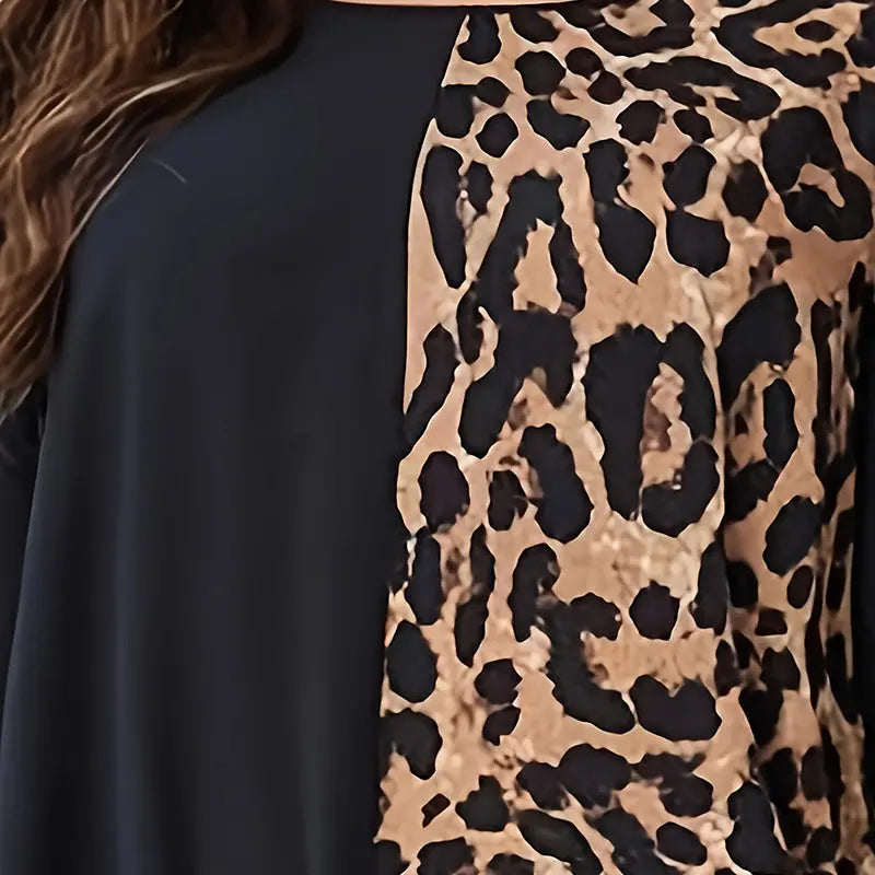 Womens Leopard Print Maxi Dresses Color Block Long Sleeve Dress Casual Summer Dresses Lady T Fashions
