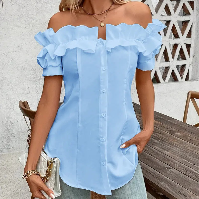 Women's Solid Color Off-Shoulder Ruffled Blouse - Waist Button-Down Shirt For Vacation & Daily Wear Lady T Fashions