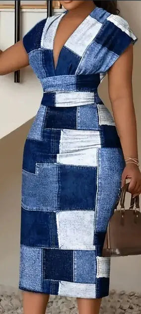 Short Sleeve Elegant Patchwork Print V Neck Dress For Spring & Summer, Women's Clothing Lady T Fashions