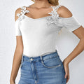 Ladies' Light V-neck Fashionable Casual Solid Color Lace Patchwork T-shirt Top Lady T Fashions