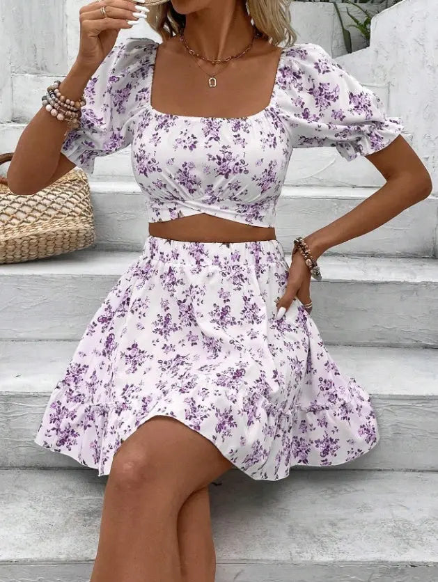 Two Piece Set With Ditsy Floral Print Dress Lady T Fashions