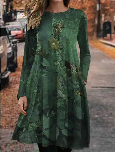 European And American Summer 3D Printing Dress Floral Round Neck Long Sleeve Lady T Fashions