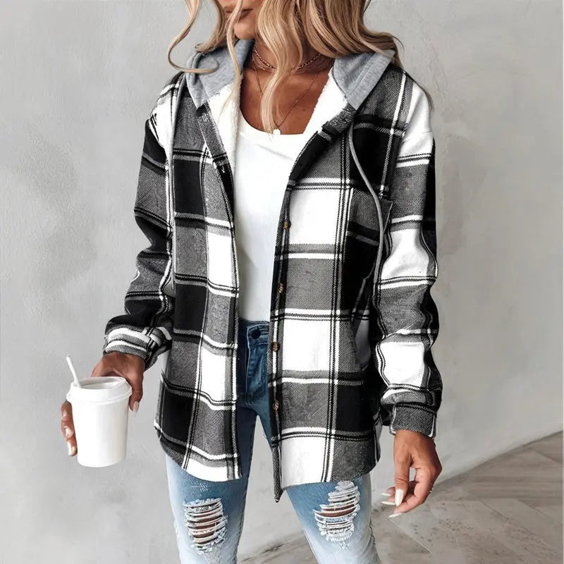 Women's Plaid Drawstring Hoodie Long Sleeve Shirt Button Front Casual Tops Spring&Fall Fashion Minimalist Style Lady T Fashions