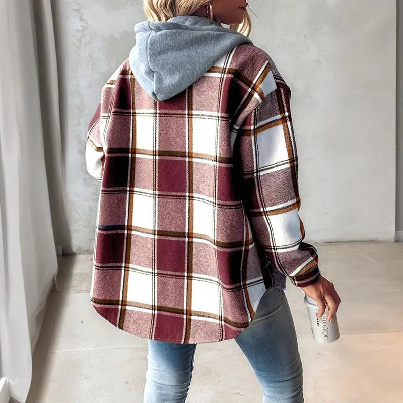 Women's Plaid Hoodie Long Sleeve Jacket Button Drawstring Casual Fall Shirts Shacket With Pocket Lady T Fashions