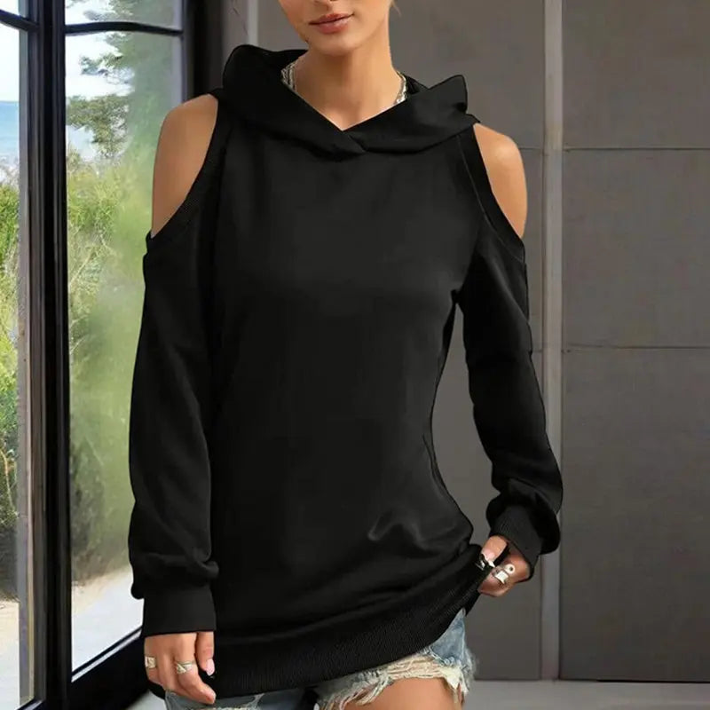 Women's Solid Color Long Sleeve Off-Shoulder Hoodie - Spring & Summer Fashion Casual Pullover Top Lady T Fashions