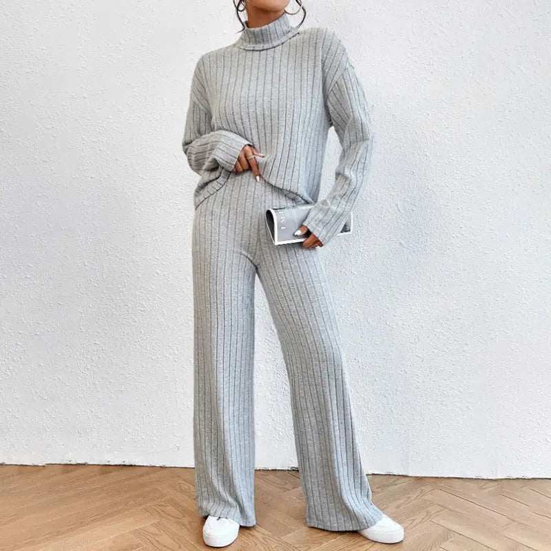 Women's Solid Color 2-Piece Set High Neck Long Sleeve Top & Pants, Striped Loungewear For Fall&Winter Lady T Fashions